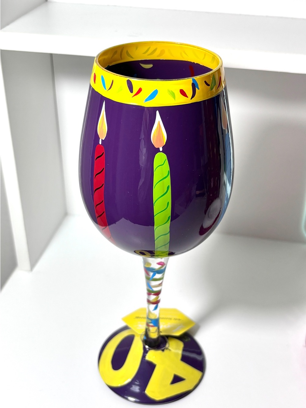 Lolita “40 Something” Wine Glass with Yellow Rim and Multicolor Candle Motifs